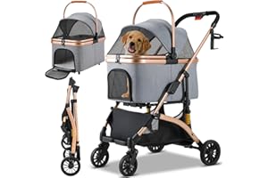 MAMIZO Hundebuggy 3 in 1 Hundewagen Hundebox Transporttasche,Faltbar klappbar Katzenwagen,4PCS 360° Verschleißfeste Gummiräder, Ablagekorb,Getränkehalter,Bis 20kg,für kleine Hunde Katz,Dunkelgrau