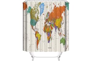 LIVETTY World Map Bathroom Shower Curtains Fabric Shower Curtain Waterproof Curtains for Bathroom Quick-Drying Kitchen Curtains Machine Washable with 12 Hooks-Multi-Color 180CM*180CM-World Map