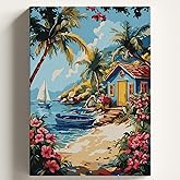 Sayılarla Boyama Tuval Hobi Seti DENİZ KENARI KUL&Uuml;BE Temalı Fır&ccedil;a ve Boya Dahil Set (&Ccedil;ıtalı) 50X70 CM Kendin Yap Sayılarla Tu