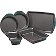 Rachael Ray Nonstick Bakeware Set with Grips includes Nonstick Baking Pans, Baking Sheet and Nonstick Bread Pan - 5 Piece, Gray with Marine Blue Handles