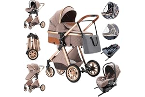 Zkiprm Poussette 4 en 1 avec ISOFIX Base, Poussette Bebe, Poussettes et Landaus, Poussette Compacte Portative de Canne, Pliage D'un Clic, Combinaison de Poussette Paysage Cadre en Aluminium élevé