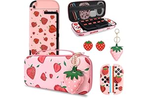DLseego Tragetasche für Switch 2,Rosa Tragbar Reise Spiel Tasche,Thema Erdbeere Zubehör mit NS 2 Dockbare Schutzhülle,2PCS Daumen Griff Kappen und 1PC Charme,Groß Erdbeere