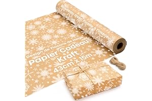 VOLILA Papier Kraft Rouleau avec Design de Flocons de Neige - 15 m x 43 cm Rouleau Papier Cadeau avec 2 Ficelles en Jute - Idéal comme Emballage Cadeau et Papier Cadeau Noël.