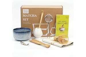 HEI MING Matcha Set ha 8 Pezzi, kit Matcha Cerimoniale, Grigio Blu Ciotola in Ceramica e Matcha Whisk Fatte a Mano