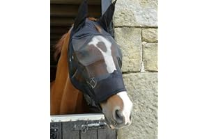 TURNER EQUESTRIAN Black or White Padded Mesh Fly Mask Hood with Ears Horse and Pony Size (Pony, White)