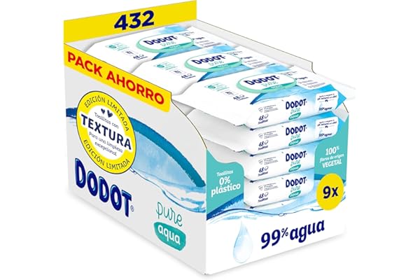 Dodot Toallitas Pure Aqua Para Bebé, 432 Toallitas (9 Packs de 48 Unidades) , Ayuda A Restaurar El PH Natural De La Piel, 99% Agua, Sin plástico
