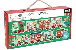 Petit Collage: Christmas Train Shaped Floor Puzzle - Giant 6ft Long 30-Piece Holiday Floor Jigsaw for Toddlers 3+ – Chunky Pieces with Box Handle – Eco-Friendly Seek-and-Find Gift for the Holidays