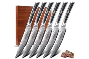 Sunnecko Set Couteaux à Steak Damas - Couteaux de Table 6PCS en Acier Damas 73 Couches, Couteau à Viande 13cm Poignée G10, avec Boîte en Bois Cadeau Noël