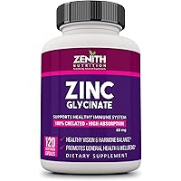 Zenith Nutrition High Absorption Chelated Zinc Glycinate 60mg - 120 Veg capsules | Boosts Immunity | For General…