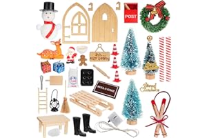 Porta Elfo Natale Kit, Bestcool Set di Decorazioni Natalizie in Miniatura Porta degli Elfi con striscia luminosa Pupazzo di neve Babbo Natale Cervi Alberi Natale Accessori Casa Elfo per X-mas Gift