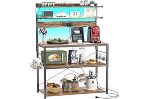 ‎ISUNIRM iSunirm Bäckerregal mit Steckdose, Mikrowellenständer, 5-stufige Kaffeebarstation mit LED-Leuchten, Küchenregal mit 6 S-förmigen Haken, Küchenregal für Gewürze, Töpfe und Pfannen, Braun