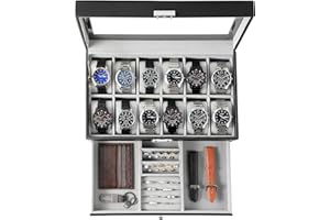 KILHS Uhrenbox für 12 Uhren,2-stöckige Watch Box mit Glasdeckel & Schublade,Uhrenbox Herren mit Schlüsselschloss – Perfektes Männergeschenk für Ringe,Manschettenknöpfe & Uhren,Schwarz & Grau