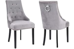 Neo 2X Upholstered High Back Studded Crushed Velvet Dining Kitchen Bedroom Chair Button Studded Tufted Ring Knocker Armchair Chairs Wooden Legs (Grey)
