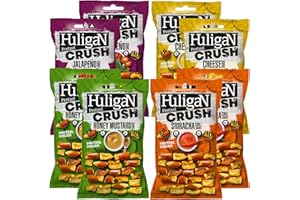 Huligan Pretzels Pieces Multipack Crisps 65g x Pack of 8 - Baked Pretzel Thins Savoury Snacks Bulk Healthy Vegetarian Snack Box Honey Mustard, Sriracha Sauce, Cheese, Jalepenos Crisps Multipack