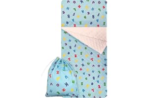 PANINI TESSUTI Set Asilo, Sacco nanna e sacchetto per Bimbo e Bimba da 2 a 6 Anni - Tessuto Trapuntato 100% Cotone Letterine Azzurre Copertina Asilo