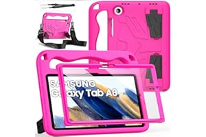 DUZZONA Funda Niños para Samsung Galaxy Tab A8 10,5 Pulgadas (SM-X200/X205/X207) con Protector de Pantalla Incorporado, Asa Infantil y Correa de Hombro, Funda Infantil Antichoque, Magenta