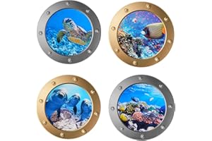TJYAEKLTD 3D Wandtattoo Unterwasserwelt, 4 Pcs Wandtattoo Badezimmer Bullauge deko, Wandsticker Badezimmer Bilder Bullauge Unterwasserwelt Wandaufkleber (Gold+Silber)