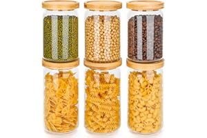 Avmvnvc Tarros de Cristal con Tapa, 6 Tupers Hermeticos Cristal con Tapas de Bambú, Botes Cocina Almacenaje Transparentes, 700 900ml Recipientes Herméticos para Alimentos para Pasta, Cereal