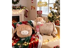 Lanpn Christmas Highland Cattle Throw Pillows Set of 2, Christmas Decoration Winter Brown Throw Pillow Soft Fleece Cute Throw Cushion for Sofa Bedroom Xmas Decor (15x16 inch & 18.5x16 inch)