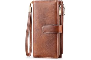 GOIACII Ladies Large Purse Soft Leather Women's Wallet, 2 Zipper Coin Phone Pockets, Detachable Wrist Strap, 5 ID Windows, RFID Blocking Travel Credit Card Holder, Brown