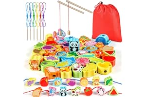 Jojoin 2 in 1 Fädelspiel Montessori Spielzeug - 46 Psc Magnetisches Angelspiel Spiele ab 2 3 Jahre - Obst GemüSe Tiere Holzspielzeug - Lernspiele Motorikspielzeug Ostern Geschenk für Kinder