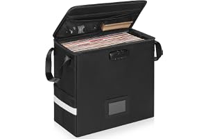 OUUTMEE Brandsäker förvaringsbox av vinylskiva med lås, vattentålig förvaringsbox i vinyl för 12 tums poster rymmer 50+ enkel skiva, vikbar LP-inspelningsförvaringslåda för albumsamling, Svart, S-17 x