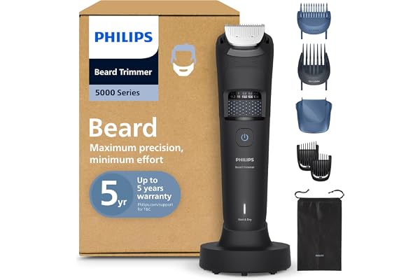 Philips Tondeuse à barbe série 5000 - Lames en métal auto-affûtées, 40 hauteurs de coupe réglables, Technologie BeardSense, Système collecte des poils, 100% étanche, Pochette, Modèle BT5785/30