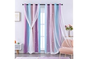 XiDi Children's Room Curtains Height 213 cm with Veil - Blackout Curtains for Living Room - Coloured Star Appliques and Sound Insulation Pink Blue Purple /86/213/2 DE
