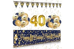40th Birthday Decoration Men, SWPEED 40th Birthday Decoration Kit Include Blue Gold Happy 40th Birthday Banner, Navy Blue Gold Balloons Confetti Balloons, Number 40 Balloon and Triangle Flag Banner
