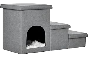 PawHut 3 en 1 escalier pour Chien à 3 marches, échelle antidérapante pour Animaux de Compagnie, avec Rangement intégré, Coussin en Peluche, Niche, revêtement en Tissu, Gris