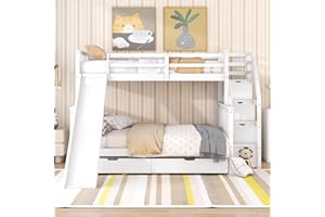 MOIMHEAR Letto a Castello per Bambini con Cassetti, Spazio e Pattini Multiuso Bianco 90x200 sopra 140x200