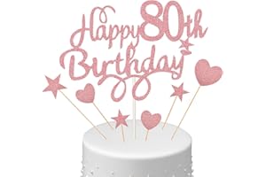 Boao 80th Cake Toppers for Ladies Women, Happy Birthday Cake Topper with Star Heart Topper 80th Decorations for Birthday Party Supplies, Rose Gold