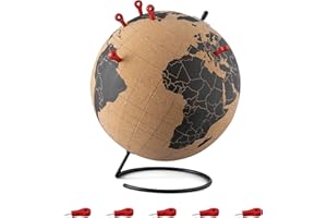 Navaris Globe terrestre liège - Globe carte du monde à épingler 20 x 25 cm avec 10x punaise en bois rouge - Mappemonde ronde voyage déco bureau