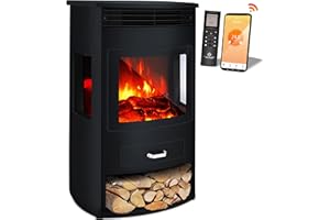 KESSER Prio Cheminée électrique avec chauffage, radiateur soufflant, télécommande, application WiFi, 950/1900 W, effet de flamme LED, avec thermostat, fenêtre panoramique, fonction chauffage