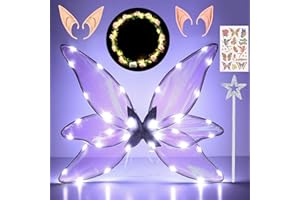 Tacobear LED Luminoso Ali da Fata Donna Bambina Costume Fata con Orecchie da Elfo Corona di Fiori Bacchetta Magica Tatuaggi Ali di Farfalla per Halloween Carnevale Natale Cosplay (Bianco)