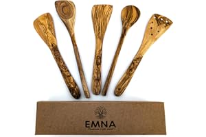 EMNA - Juego de utensilios de cocina de madera de olivo de 5 piezas | aprox. 30 cm | Caja de regalo exclusiva | Cuchara de cocina | Espátula | Único | Hecho a mano | Idea de regalo | Cumpleaños |