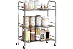 HOMCOM Carrito Auxiliar con Ruedas de Acero Inoxidable, Carro de Servicio de 3 Niveles con Estante Ajustable, 4 Ruedas, Carrito para Cocina, Restaurante, 60x35x77 cm, Plata
