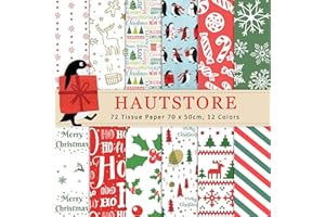 HAUTSTORE 72 Fogli 70x50cm Carta Velina Natalizia, 12 Motivi Natalizia Carta Velina Colorata per Riempitivi del Sacchetto Regalo, Natalizio Carta da Regalo per Packaging Natalizia Artigianato Feste di Natalizia
