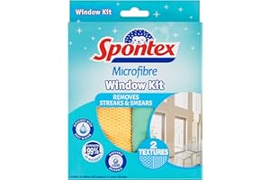 Spontex Microfibre Window Kit | 2 Wipes | Efficient with Just Water | Removes Streaks & Smears