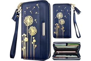 Coco Rossi Wallets for Women PU Leather Card Holder Organizer Ladies Clutch with Tassel Wristlet Wrist strap, Gold Dandelion, long purse, Casual