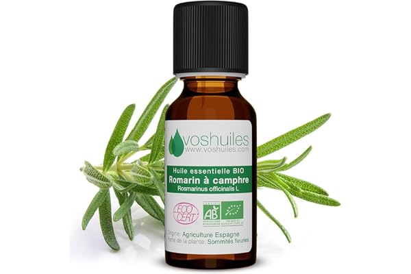 VOSHUILES - Huile Essentielle BIO Romarin à Camphre 10ml - Pure et Naturelle- Aromathérapie- Diffusion- Massage- Relaxation- Qualité Supérieure- Certifiée BIO- 100% Naturelle
