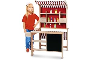 Leomark La Grande Marchande - Jeu D'Imitation - Commerçant - Magasin - Stand de Vente en Bois - marché avec Une Tablette pour écrire, des Accessoires Hauteur 117 cm