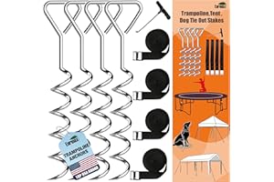 Eurmax USA Lot de 4 piquets de Trampoline Robustes en Forme de Tire-Bouchon en Acier avec Crochet en T pour Trampolines – Lot de 4 en Bonus avec 4 Ceintures Solides, Argent
