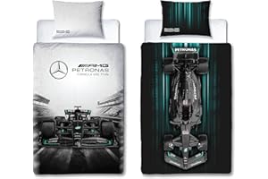 Character World Mercedes AMG Petronas Official Single Duvet Cover Set, Skyline Design | Grey Reversible 2 Sided Formula One Bedding Cover Official Merchandise Including Matching Pillow Case, Gray