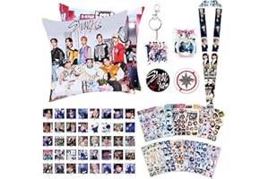 SOSAYI Stray Kit d'articles de fan pour STAY SKZ Merch 1 housse de coussin 45x45 cm, 1 porte-clés, 1 anneau de téléphone, 1 cordon, 2 broches, 12 autocollants, 40 cartes photo SKZ