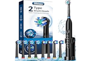 TEETHEORY Electric Toothbrush for Adults - Rotating Travel Toothbrush with 8 Brush Heads (2 Types), 5 Cleaning Modes, 2.5H Fast Charge, Type-C, IPX7 Waterproof, Black