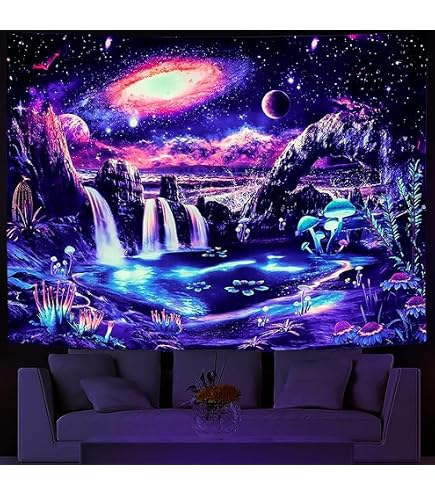 Tapiz De Pared Fluorescente Grande RM-CNN 175x200 Cm - Diseño Psicoledélico Hojas, Para Dormitorio O Salón