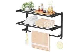 HOOBRO Towel Rail Wall Mounted，60cm Towel Rack for Bathroom, 3 Tier Towel Shelf with Tower Bars, Bathroom Storage Organizer for Towels and Toiletries, Towel Holder with Hooks, Black EBK08LB01