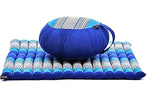 Leewadee Zestaw poduszek do medytacji – 1 okrągła poduszka do jogi Zafu i 1 kwadratowa zwijana mata Zabuton wypełniona ekologicznym kapok