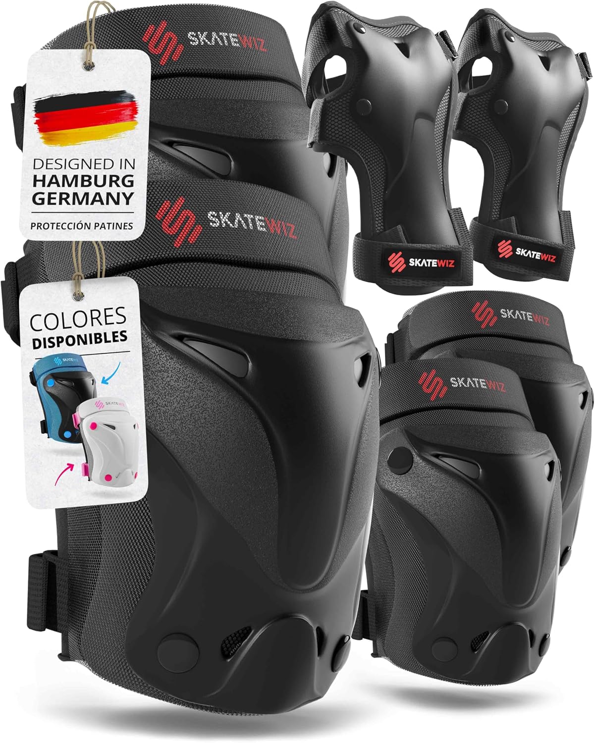 SKATEWIZ Protecciones Patines Niña, Niño e Adulto [6 piezas] Rodilleras y Coderas Niño Patinaje, Patines, Rodilleras Para Niños - Marca Alemana